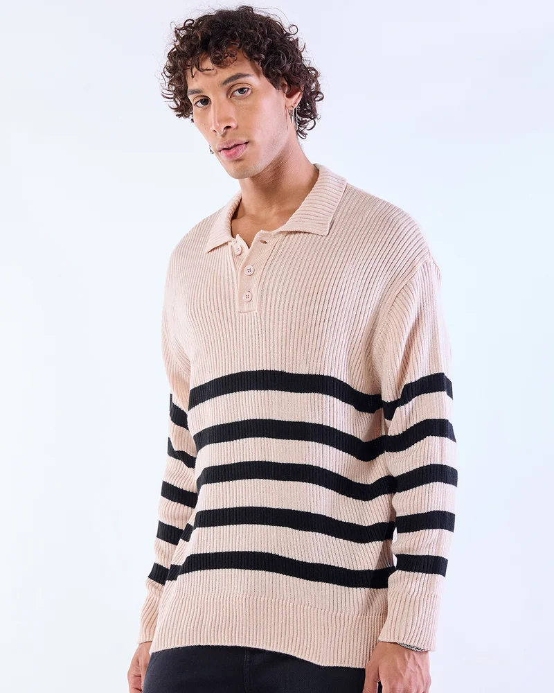 بيواكوف Men's Beige & Black Striped Oversized Sweater